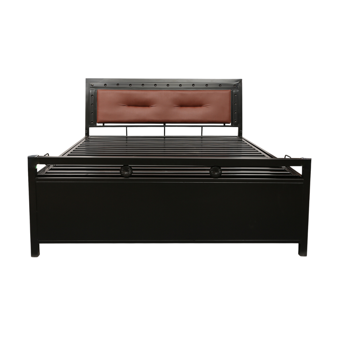 Daisy Hydraulic Storage Double Metal Bed with Brown Cushion Headrest (Color - Black)