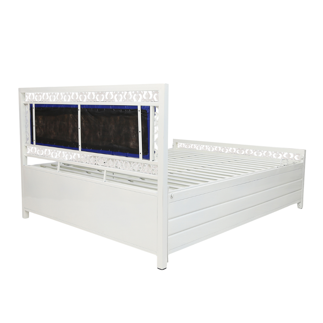 Cuba Hydraulic Storage Queen Metal Bed with Blue Cushion Headrest (Color - White)