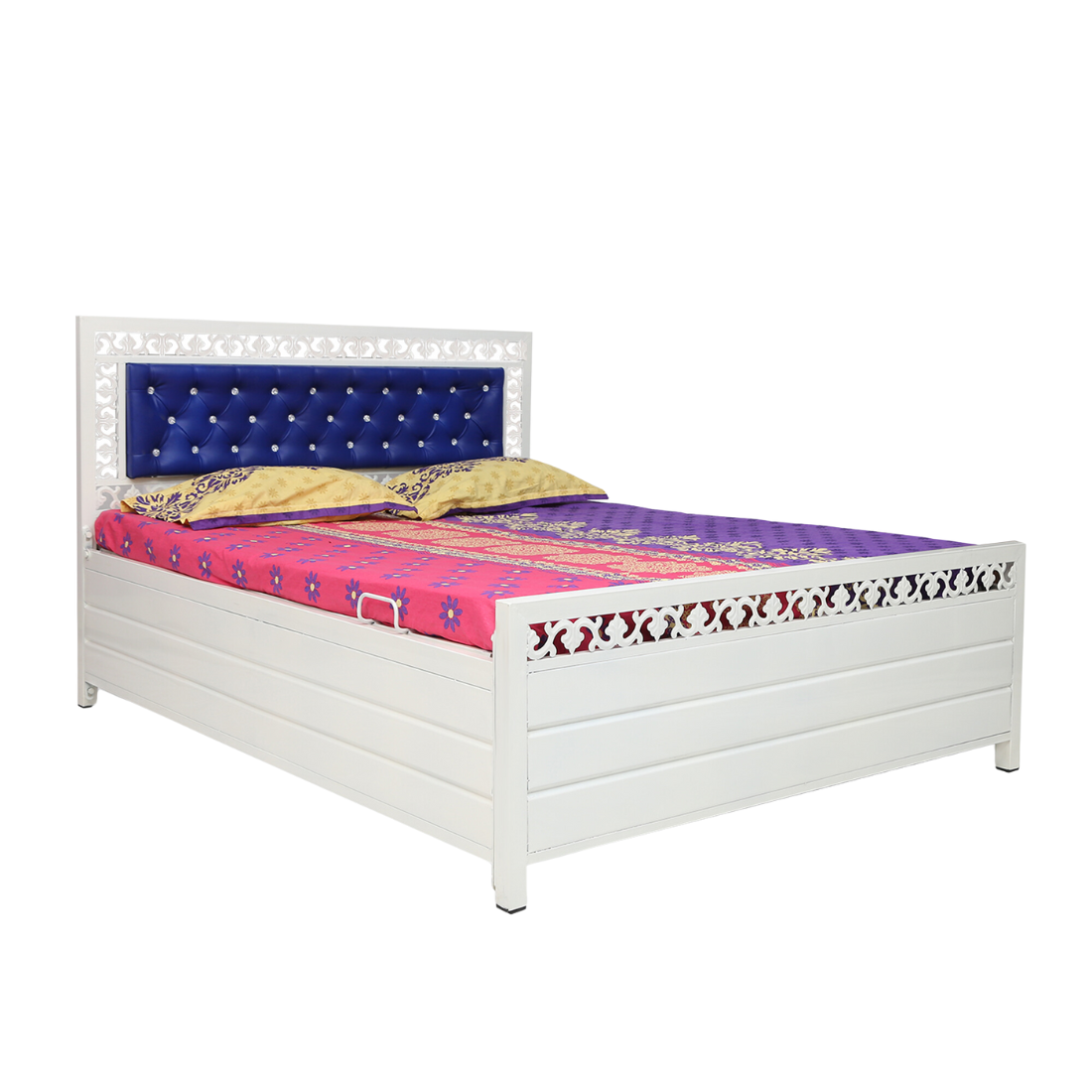 Cuba Hydraulic Storage King Metal Bed with Blue Cushion Headrest (Color - White)