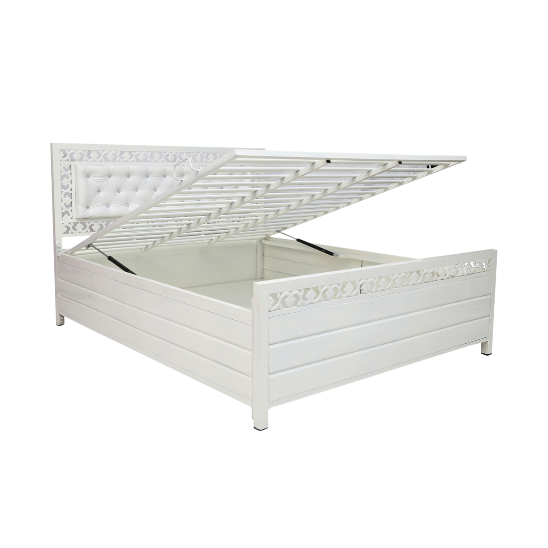 Cuba Hydraulic Storage Single Metal Bed with White Cushion Headrest (Color - White)
