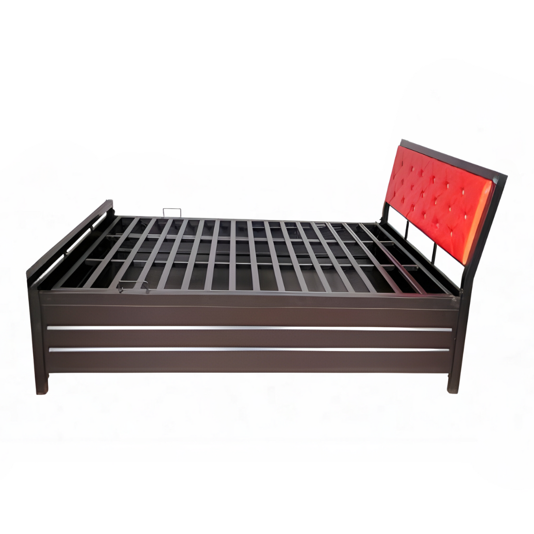 Heath Hydraulic Storage Queen Metal Bed with Red Cushion Headrest (Color - Black)