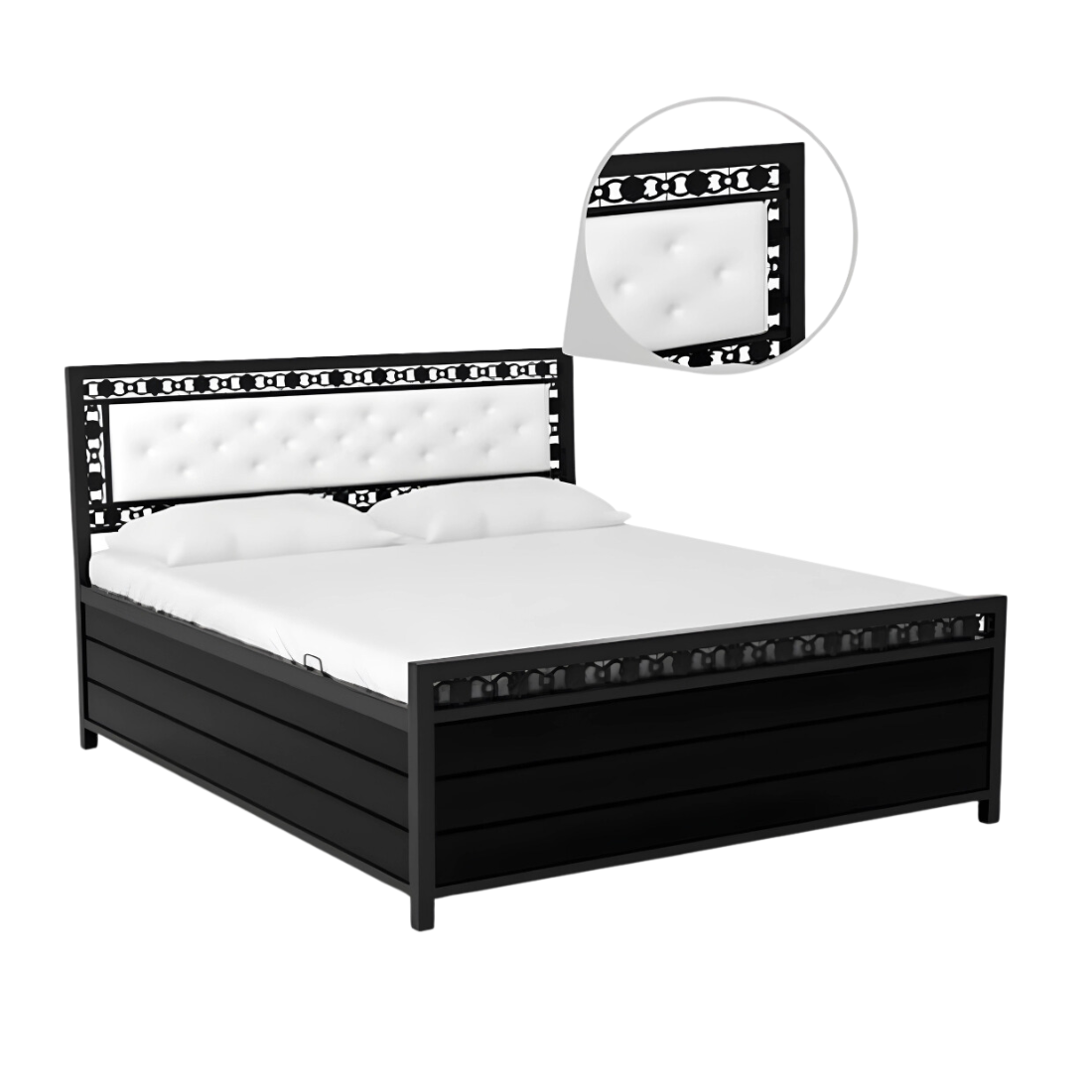 Cuba Hydraulic Storage Double Metal Bed with White Cushion Headrest (Color - Black)