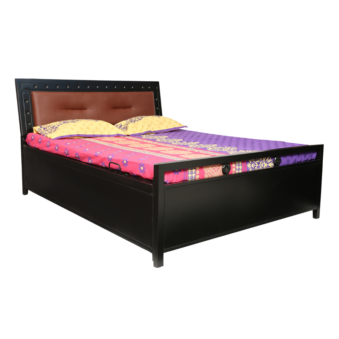 Daisy Hydraulic Storage Queen Metal Bed with Brown Cushion Headrest (Color - Black)