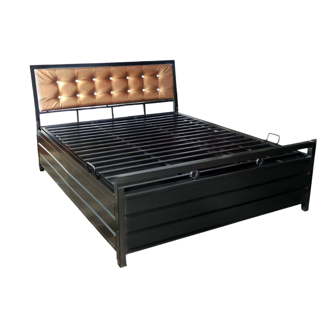 Heath Hydraulic Storage Single Metal Bed with Golden Cushion Headrest (Color - Black)