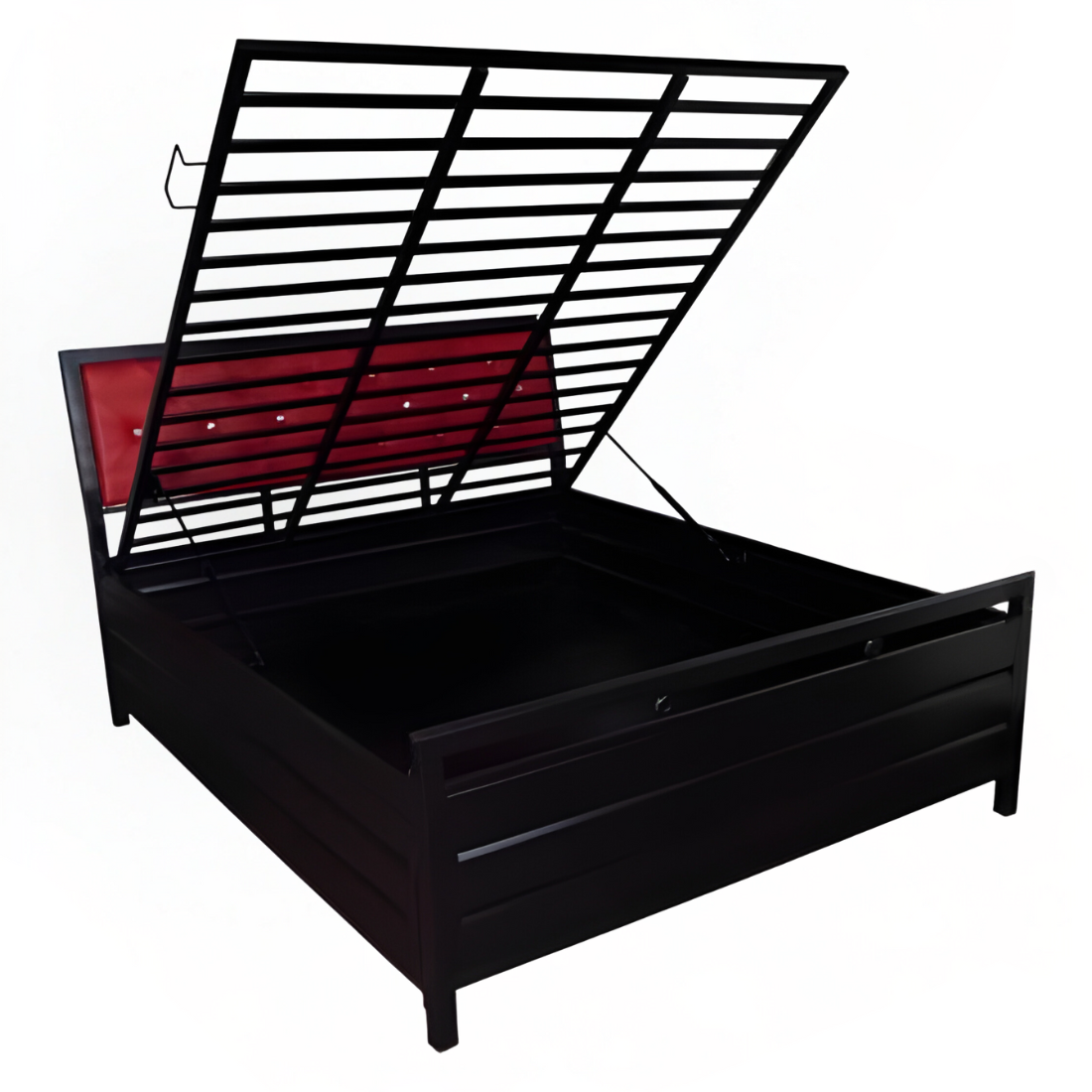 Heath Hydraulic Storage King Metal Bed with Red Cushion Headrest (Color - Black)