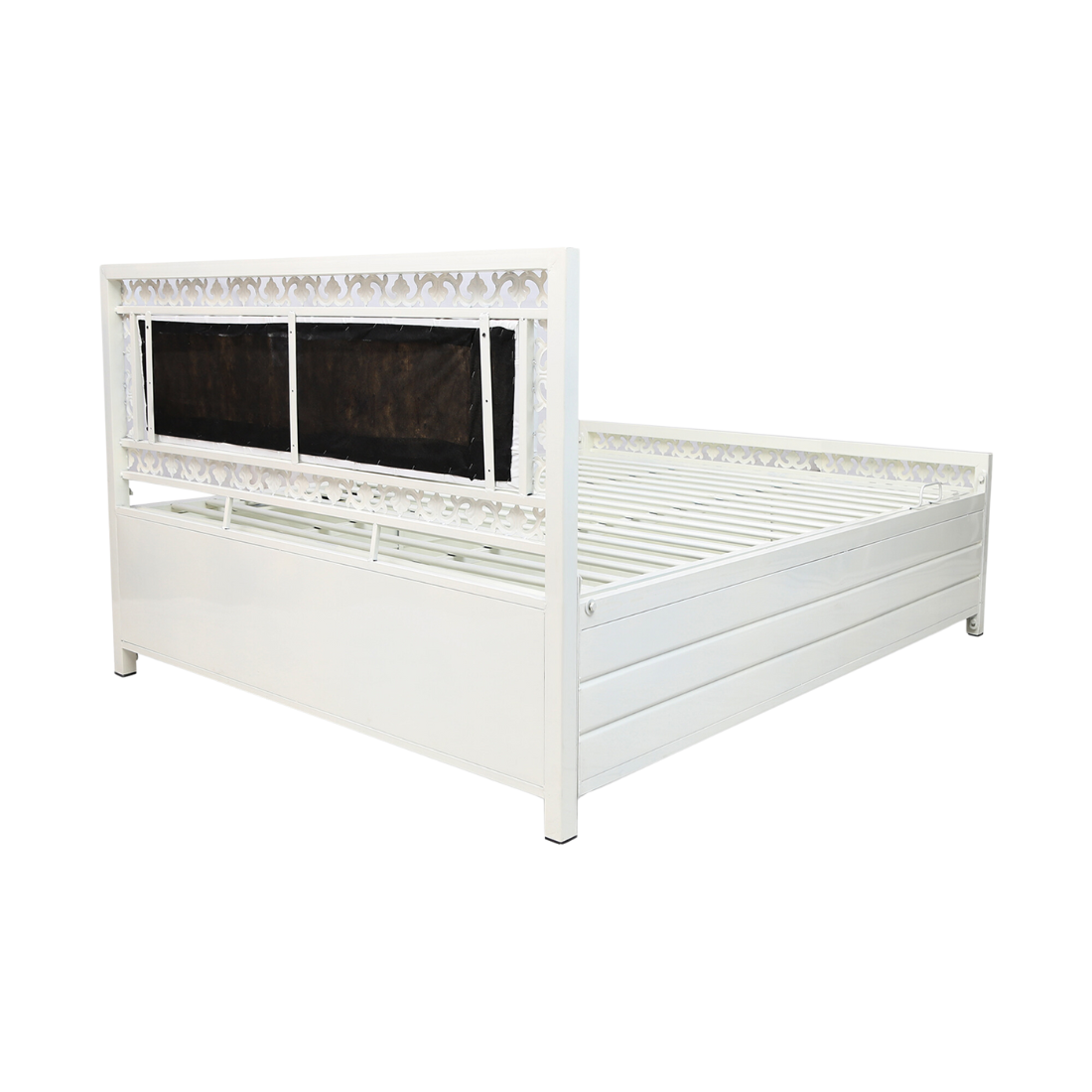 Cuba Hydraulic Storage Single Metal Bed with White Cushion Headrest (Color - White)