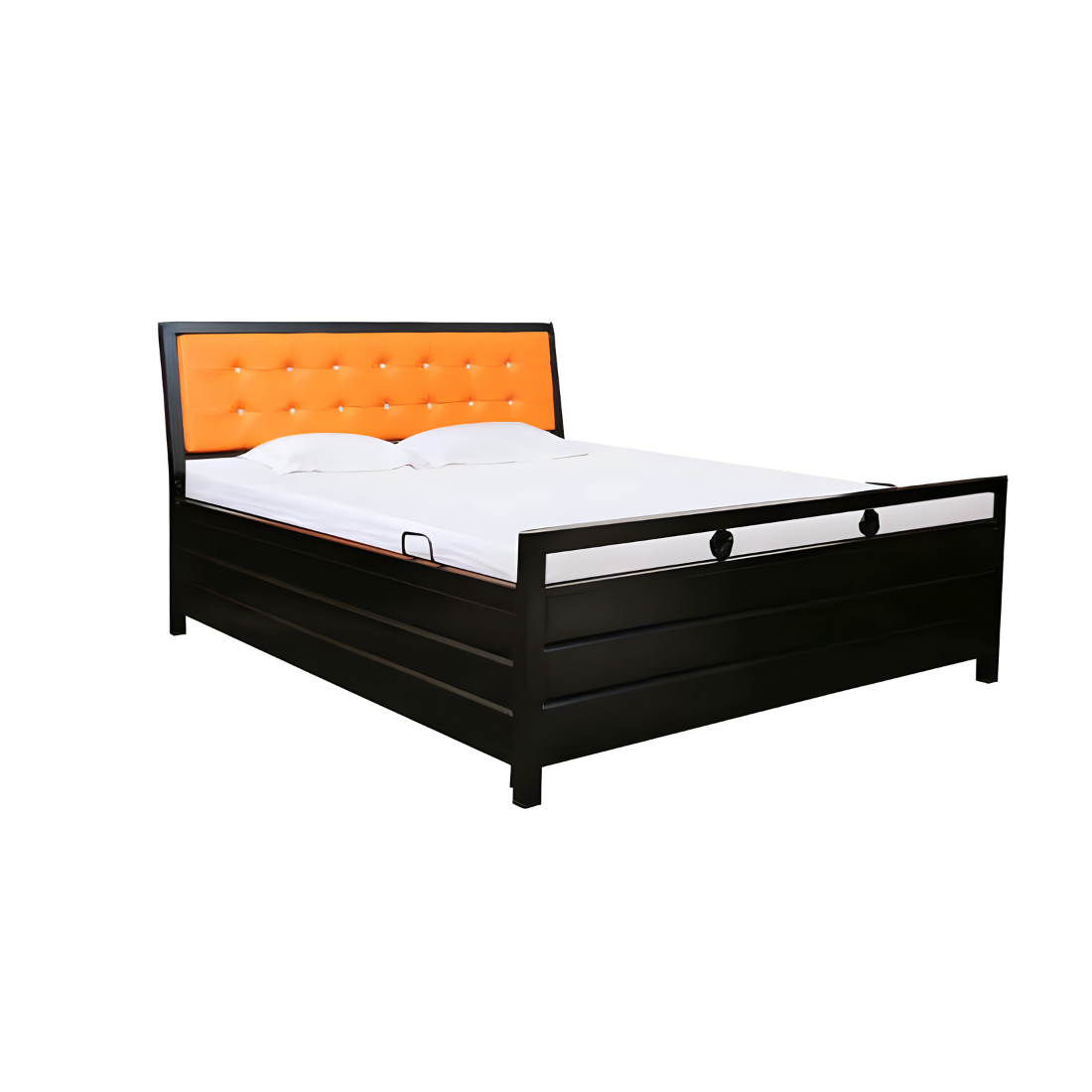 Heath Hydraulic Storage Queen Metal Bed with Orange Cushion Headrest (Color - Black)