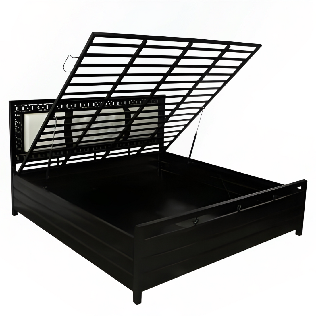 Bostan Hydraulic Storage Double Metal Bed with White Cushion Headrest (Color - Black)