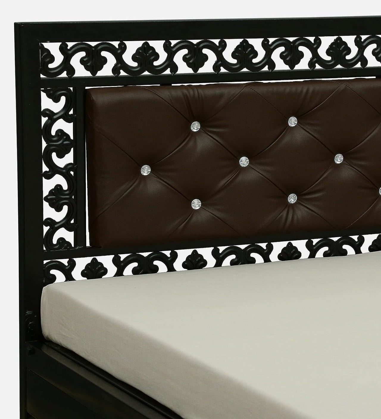 Cuba Hydraulic Queen Metal Bed with Storage and Brown Cushion Headrest (Color - Black)