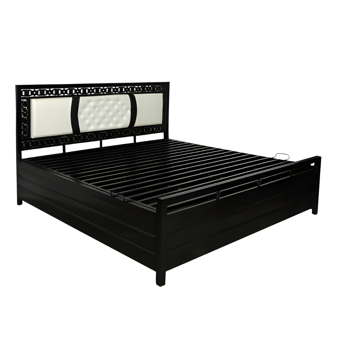 Bostan Hydraulic Storage Double Metal Bed with White Cushion Headrest (Color - Black)