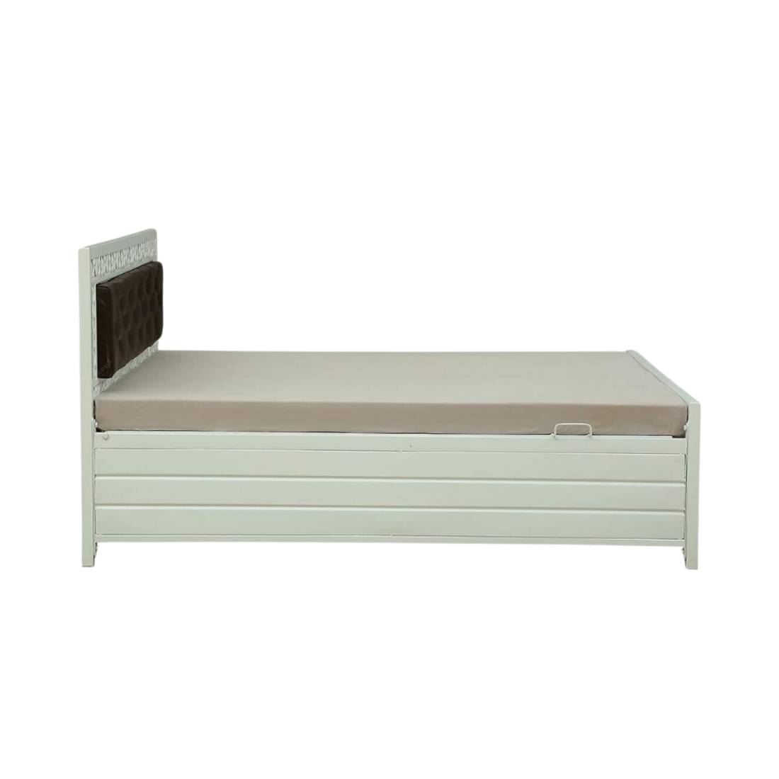 Cuba Hydraulic Storage Double Metal Bed with Brown Cushion Headrest (Color - White)
