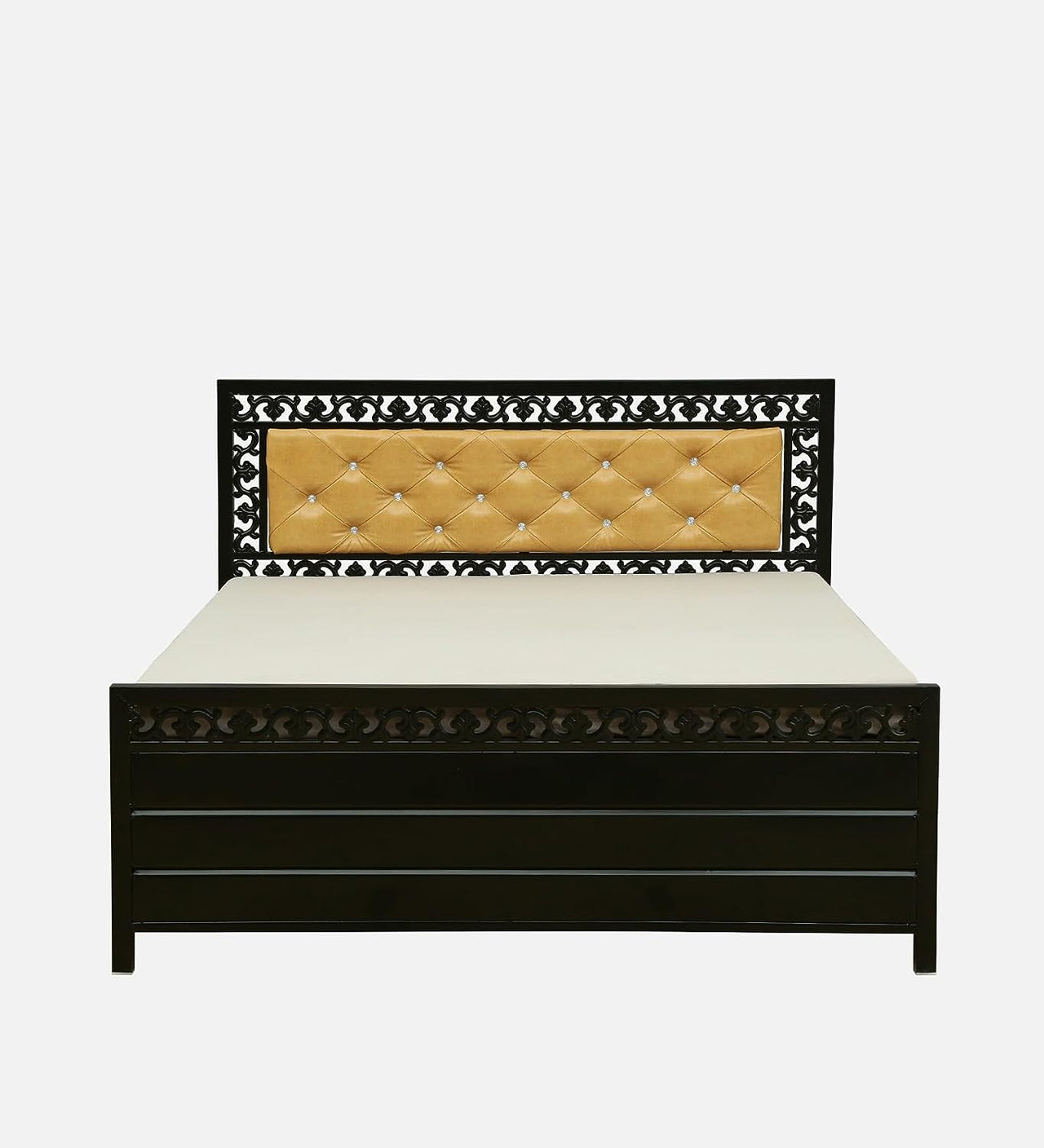 Cuba Hydraulic Storage King Metal Bed with Golden Cushion Headrest (Color - Black)