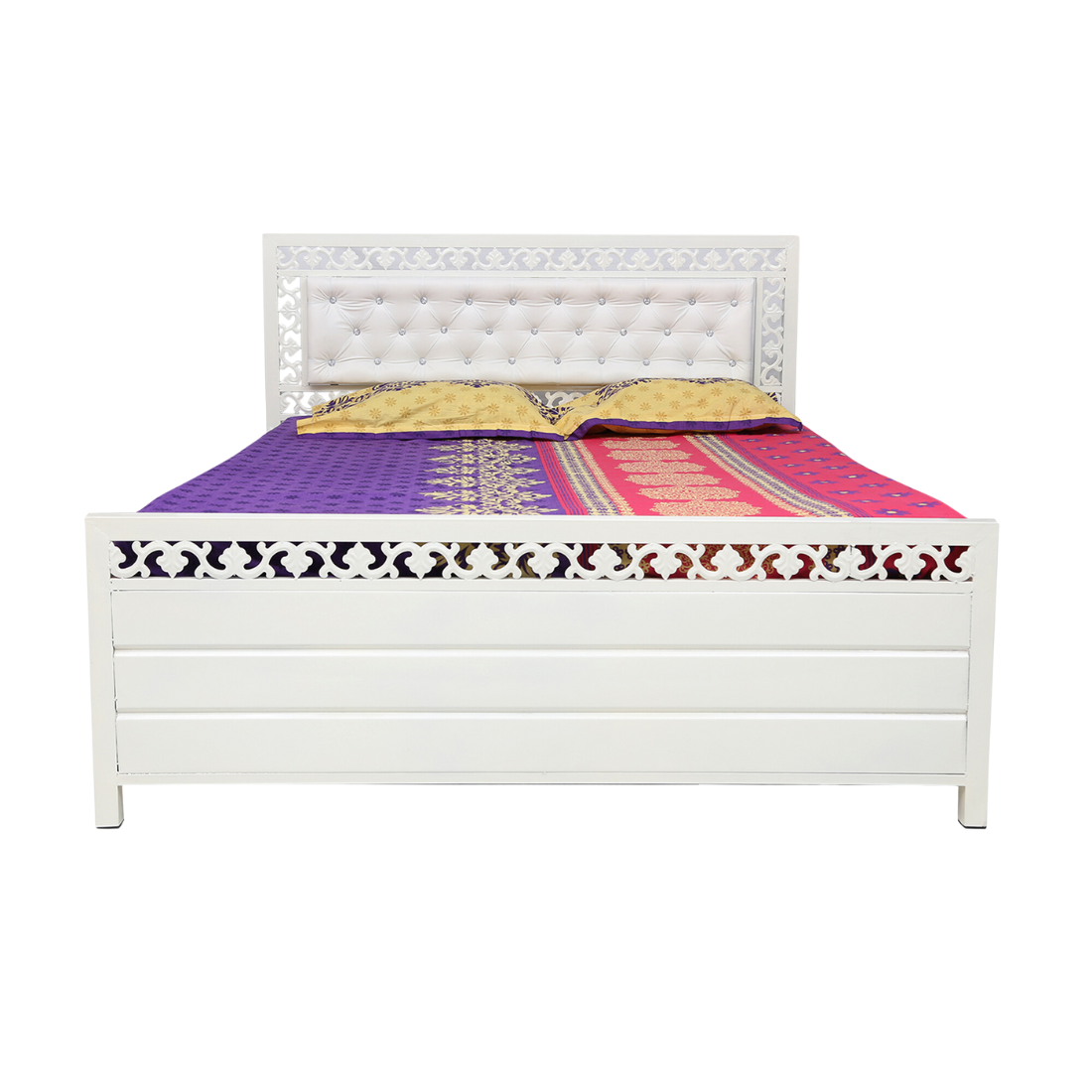 Cuba Hydraulic Storage Queen Metal Bed with White Cushion Headrest (Color - White)