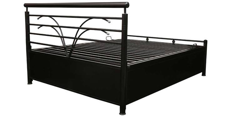 Caves Hydraulic Storage Double Metal Bed (Color - Black) with Designer Headrest