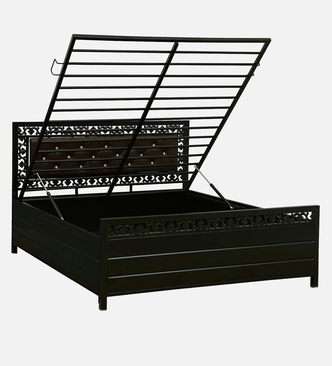 Cuba Hydraulic Queen Metal Bed with Storage and Brown Cushion Headrest (Color - Black)