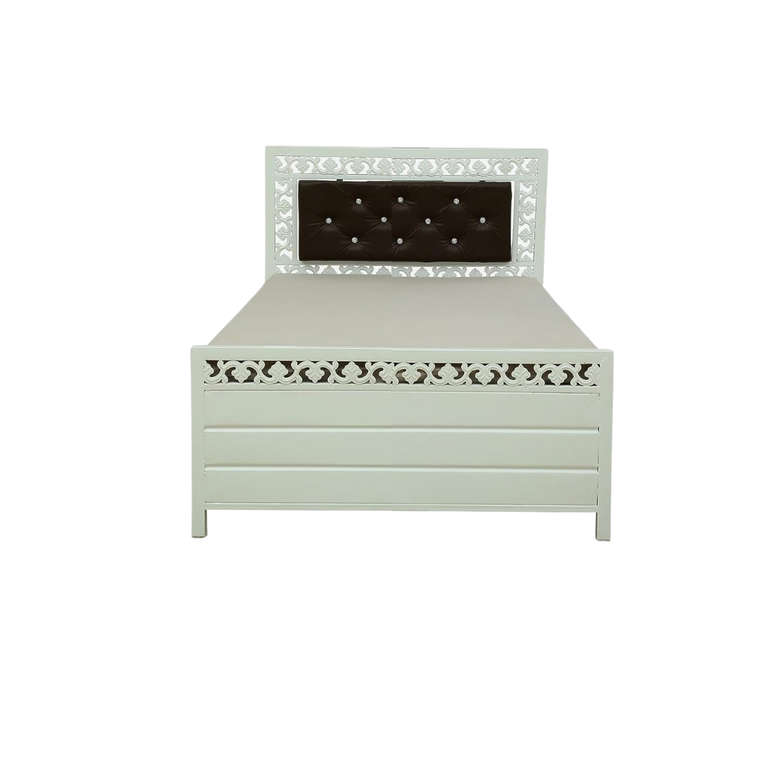 Cuba Hydraulic Storage King Metal Bed with Brown Cushion Headrest (Color - White)