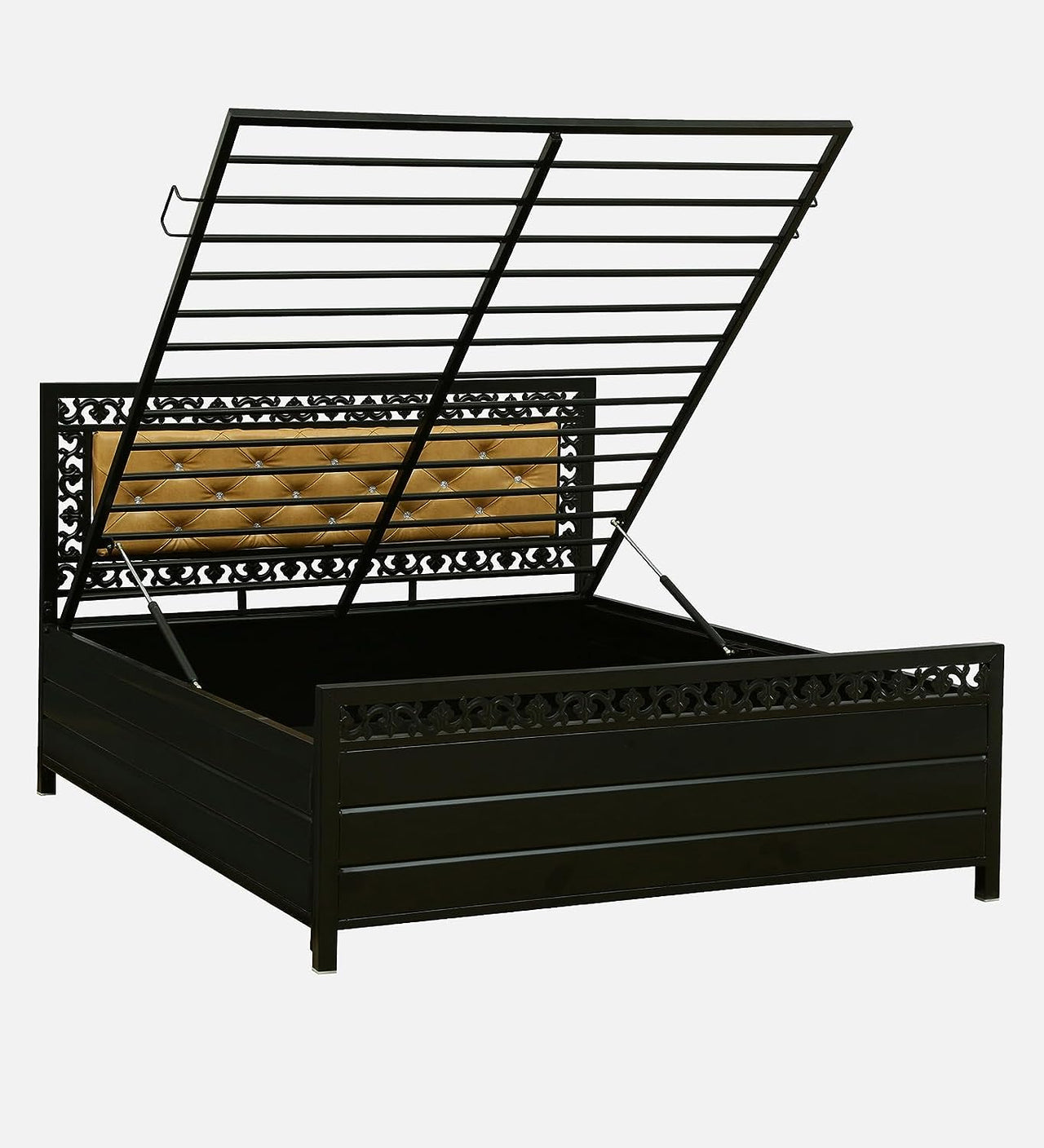 Cuba Hydraulic Storage Queen Metal Bed with Golden Cushion Headrest (Color - Black)