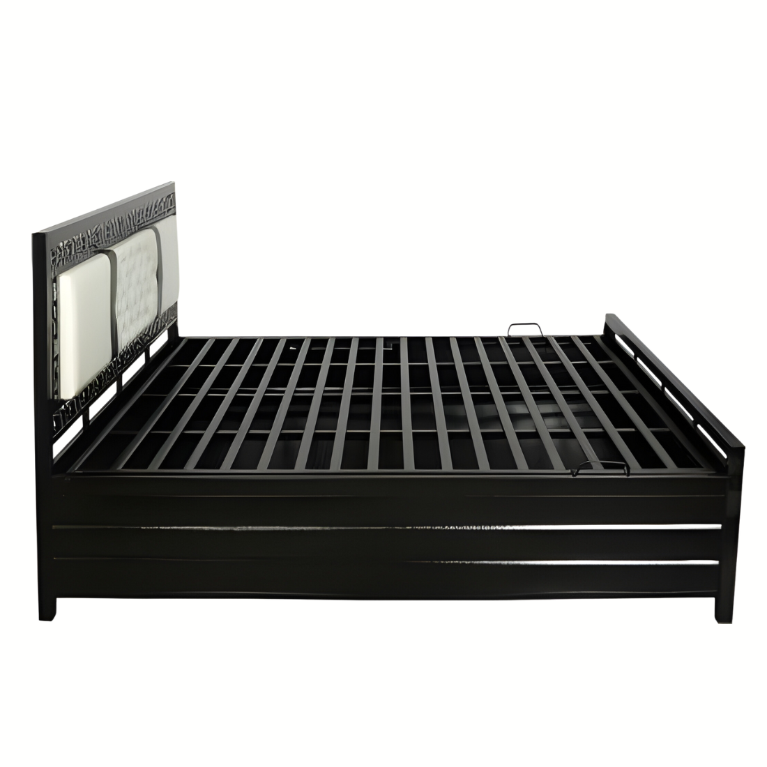 Bostan Hydraulic Storage King Metal Bed with White Cushion Headrest (Color - Black)