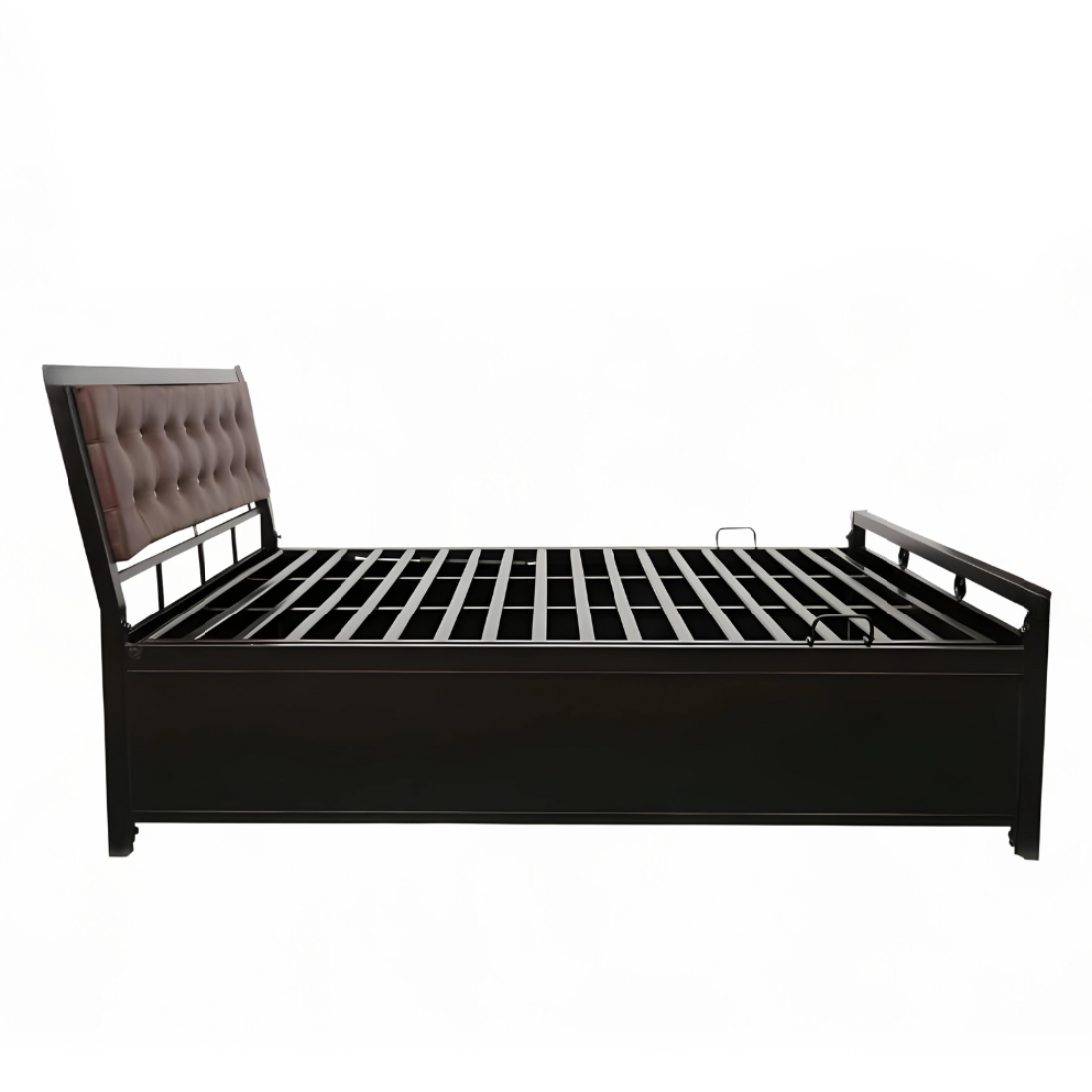 Heath Hydraulic Storage Queen Metal Bed with Brown Cushion Headrest (Color - Black)