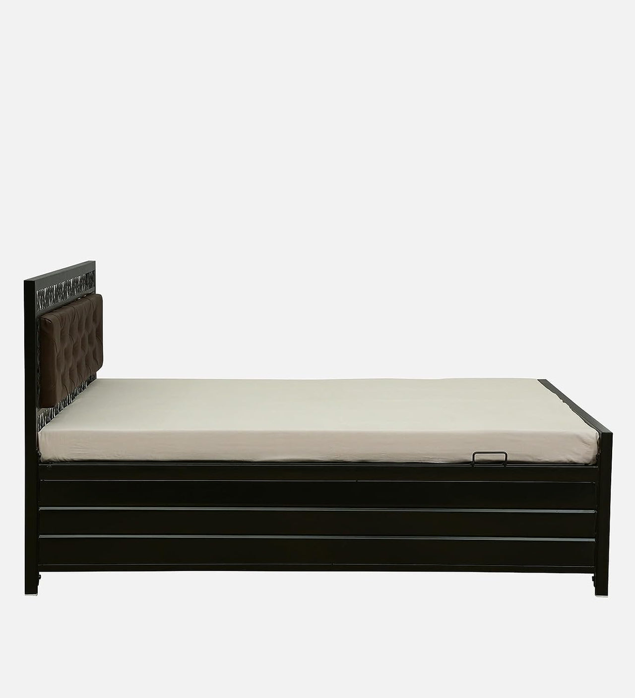 Cuba Hydraulic King Metal Bed with Storage and Brown Cushion Headrest (Color - Black)