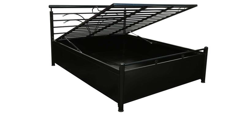 Caves Hydraulic Storage King Metal Bed (Color - Black) with Designer Headrest