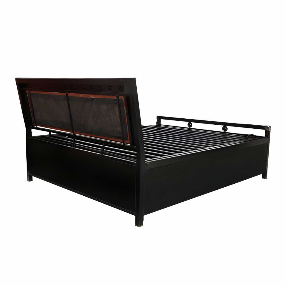 Heath Hydraulic Storage King Metal Bed with Brown Cushion Headrest (Color - Black)