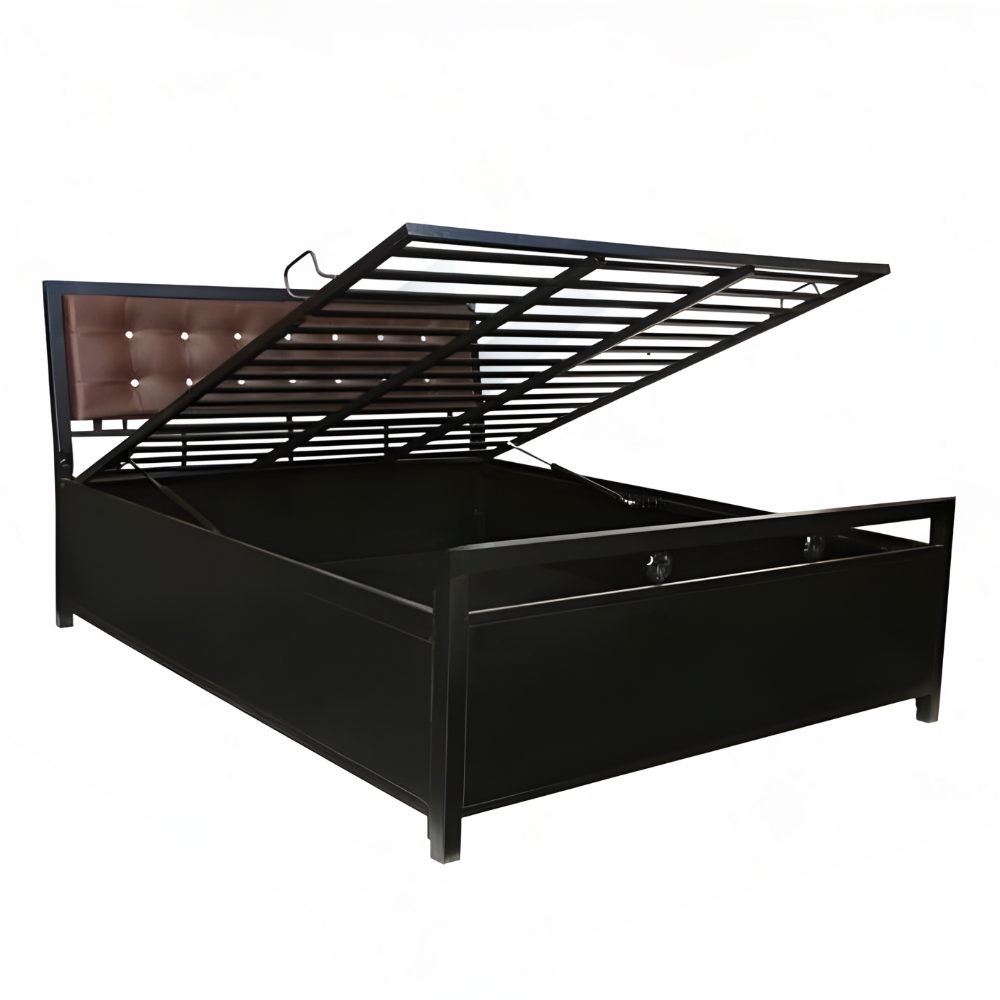 Heath Hydraulic Storage Double Metal Bed with Brown Cushion Headrest (Color - Black)