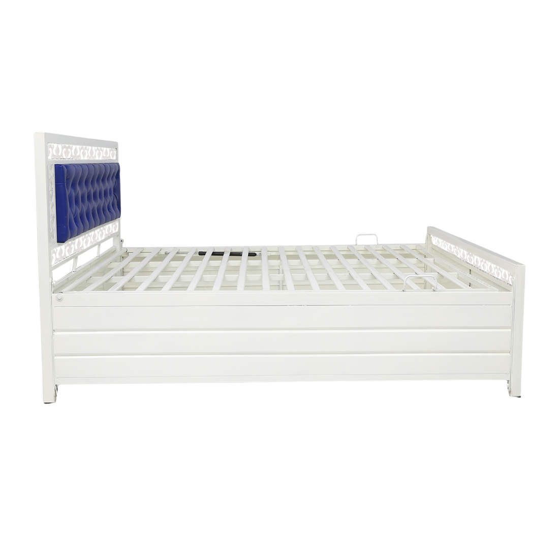 Cuba Hydraulic Storage Single Metal Bed with Blue Cushion Headrest (Color - White)