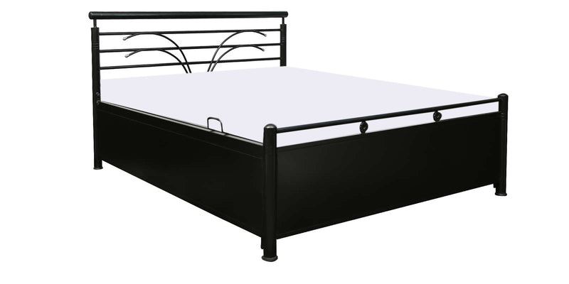 Caves Hydraulic Storage Double Metal Bed (Color - Black) with Designer Headrest