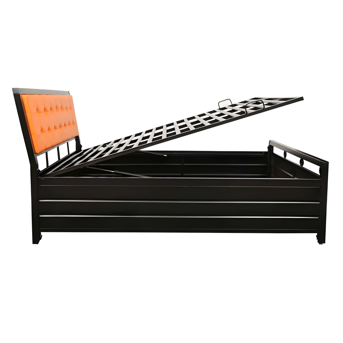 Heath Hydraulic Storage King Metal Bed with Orange Cushion Headrest (Color - Black)
