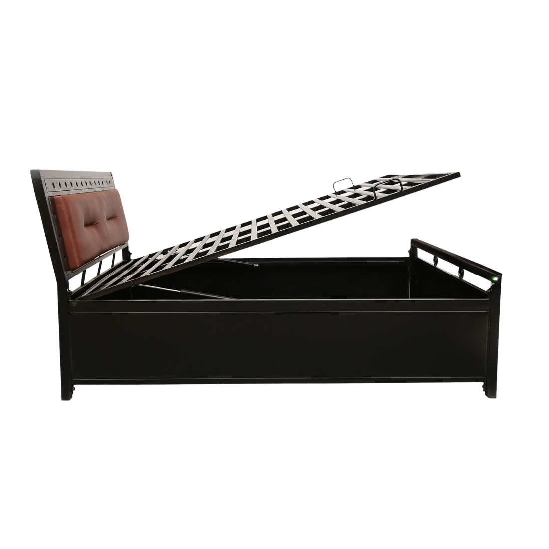 Daisy Hydraulic Storage Queen Metal Bed with Brown Cushion Headrest (Color - Black)