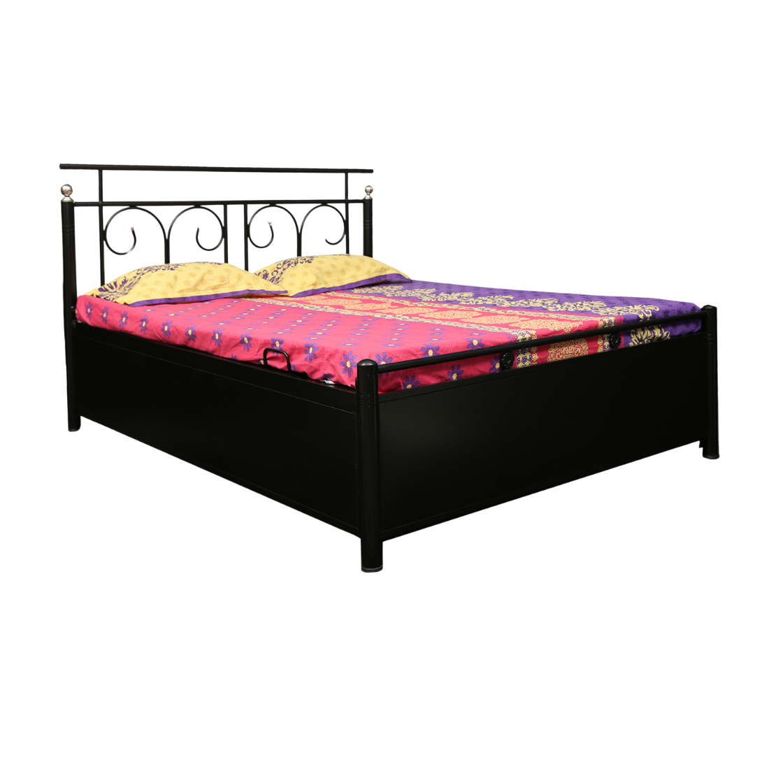 Colin Hydraulic Storage Double Metal Bed (Color - Black) with Designer Headrest