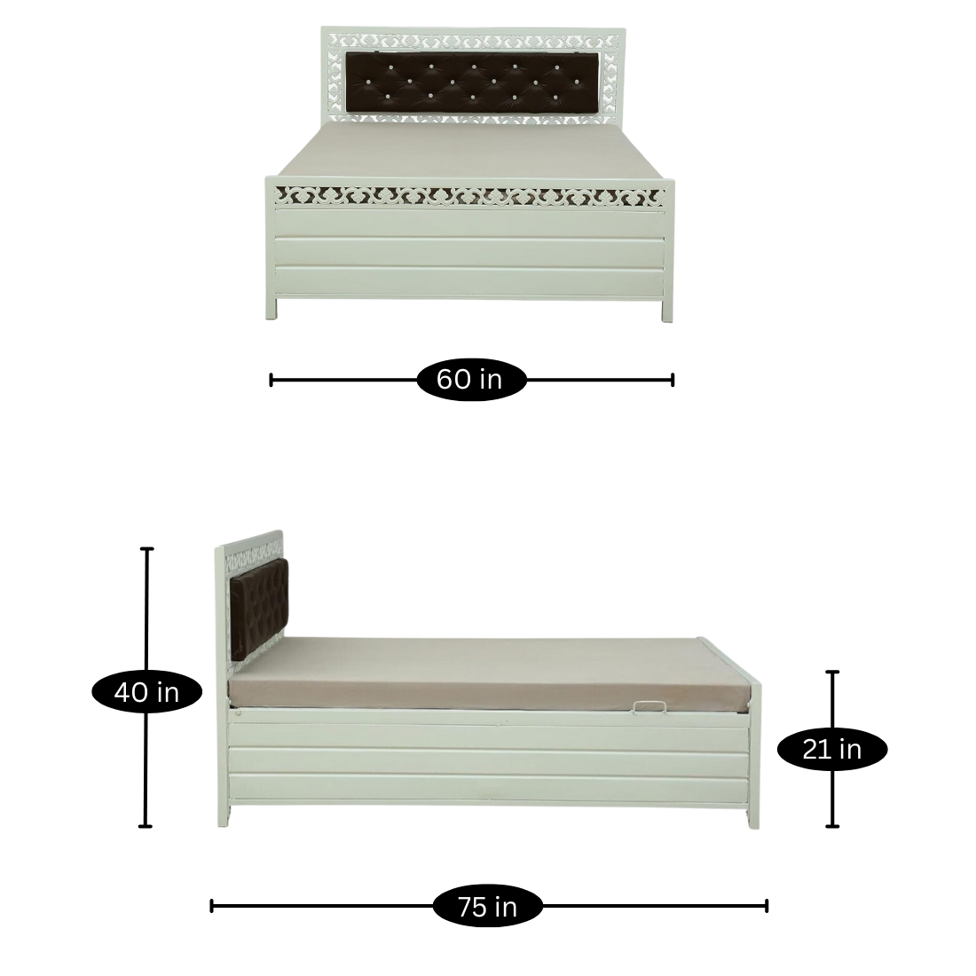 Cuba Hydraulic Storage Queen Metal Bed with Brown Cushion Headrest (Color - White)