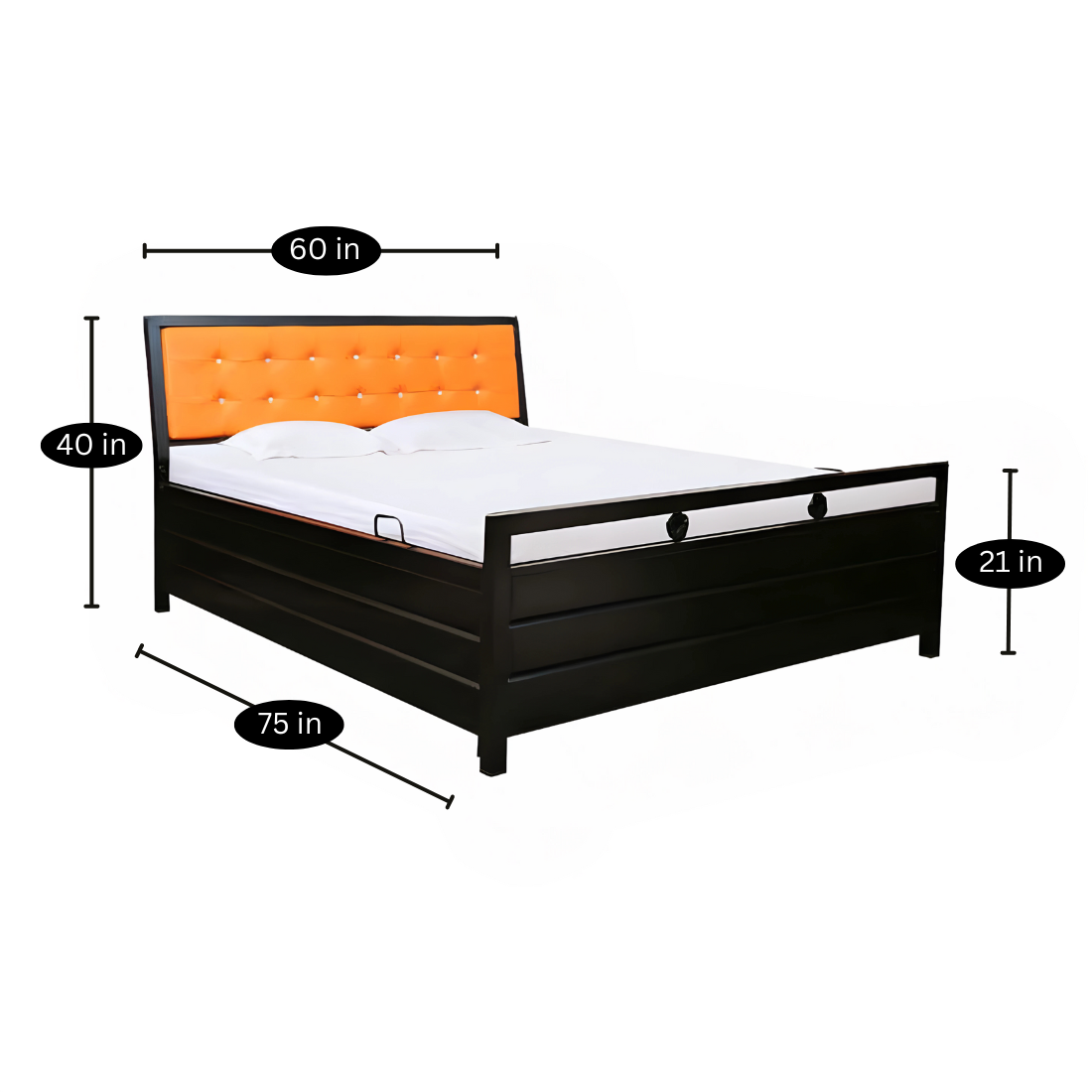 Heath Hydraulic Storage Queen Metal Bed with Orange Cushion Headrest (Color - Black)