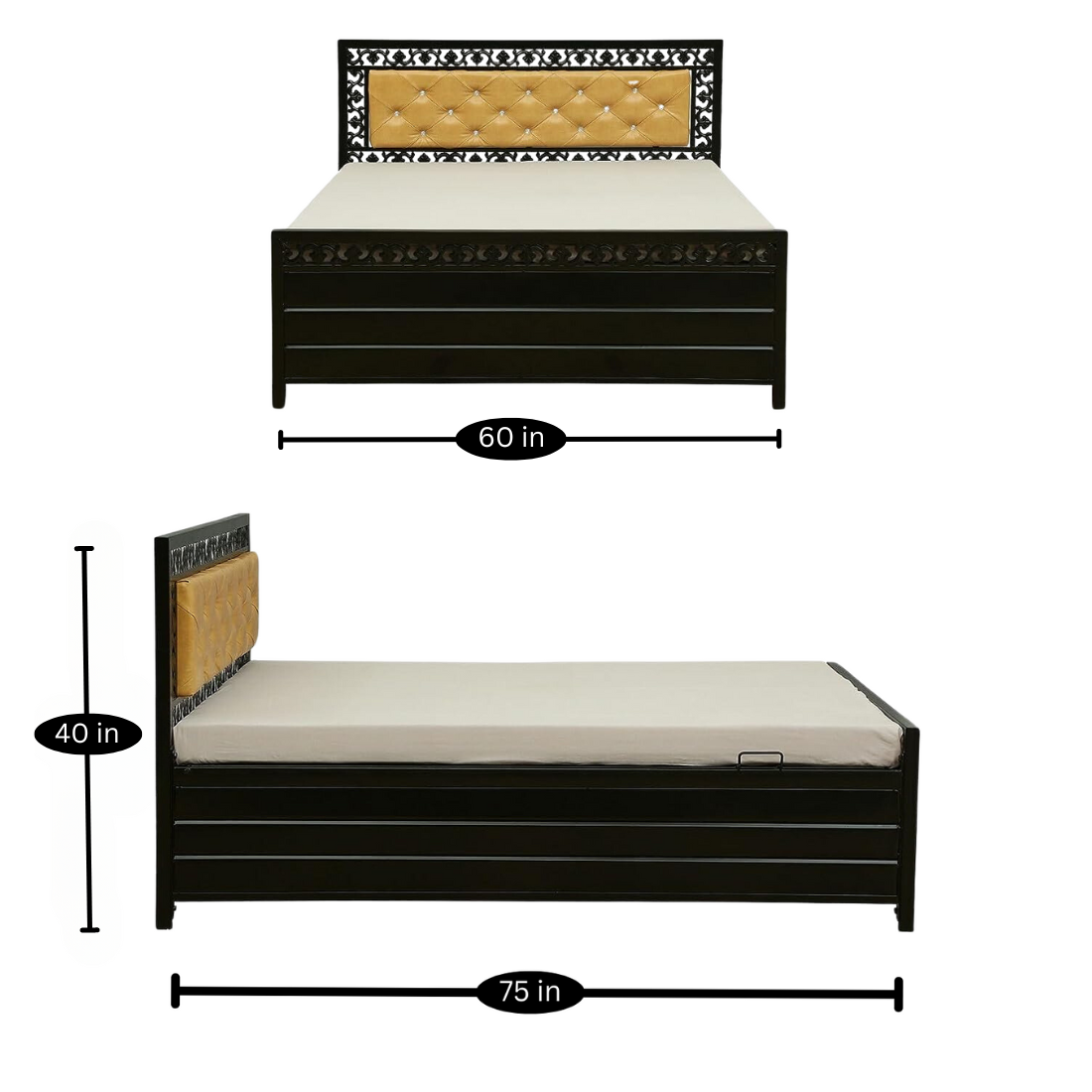 Cuba Hydraulic Storage Queen Metal Bed with Golden Cushion Headrest (Color - Black)