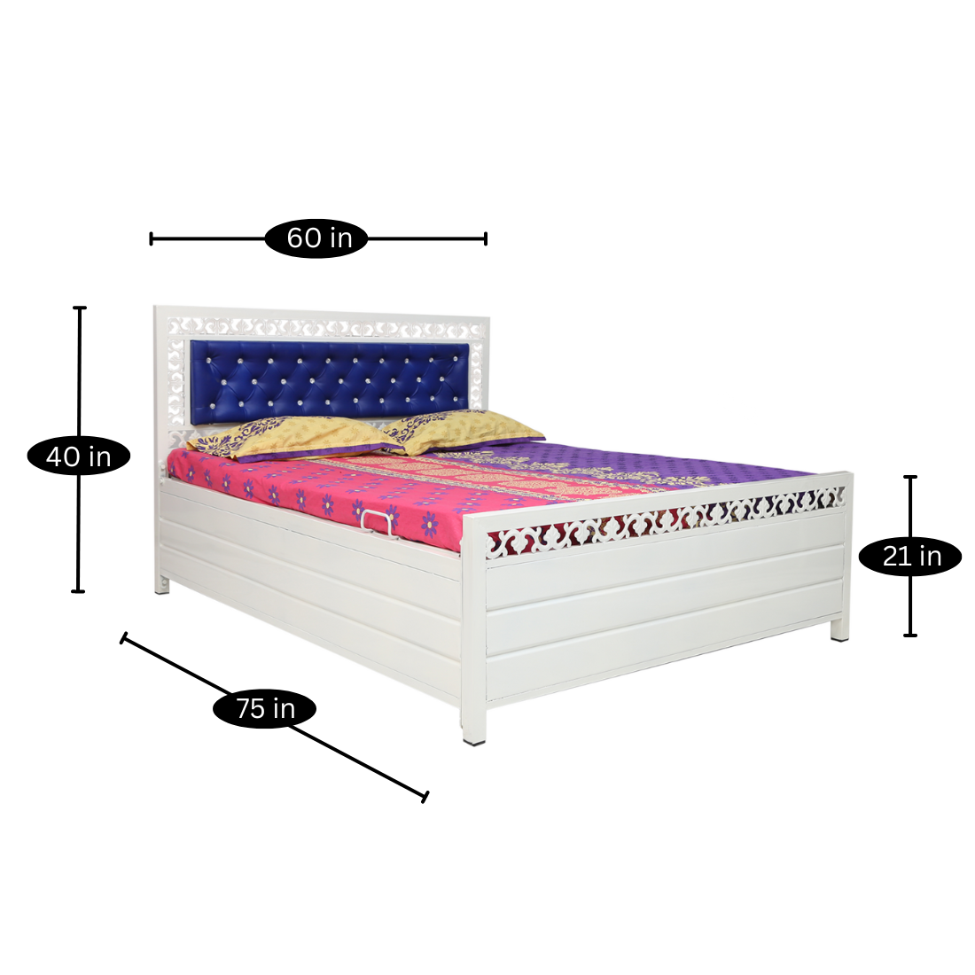 Cuba Hydraulic Storage Queen Metal Bed with Blue Cushion Headrest (Color - White)