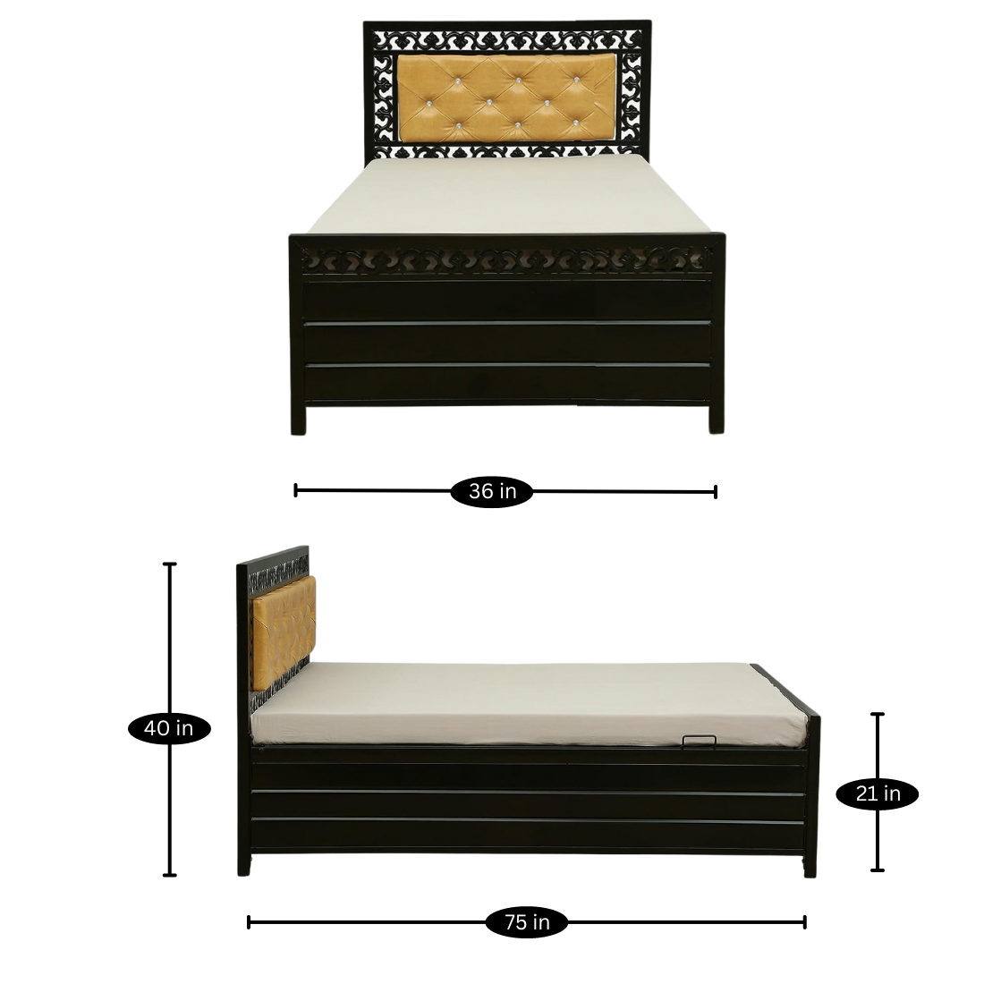 Cuba Hydraulic Storage Single Metal Bed with Golden Cushion Headrest (Color - Black)
