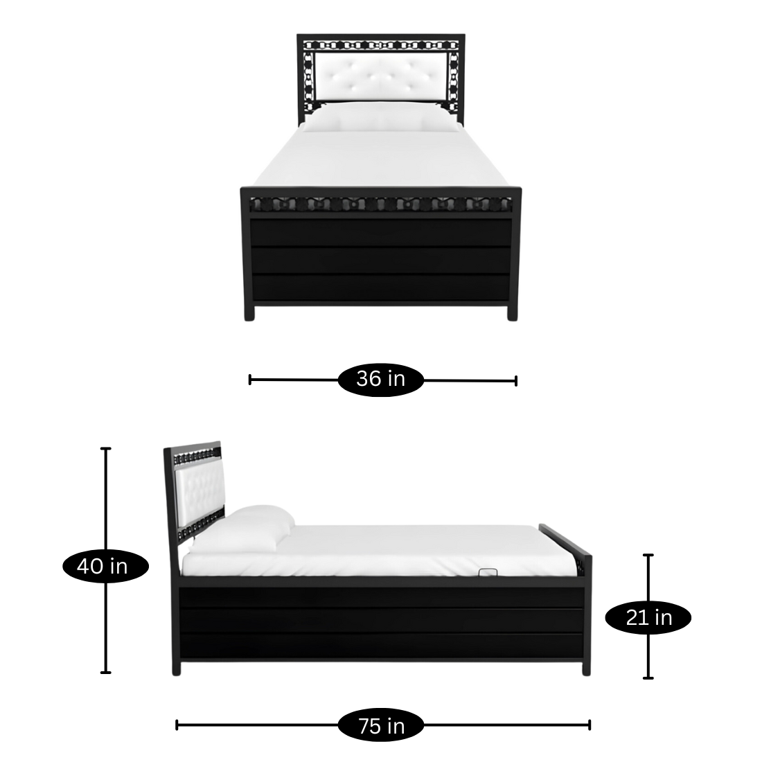 Cuba Hydraulic Storage Single Metal Bed with White Cushion Headrest (Color - Black)