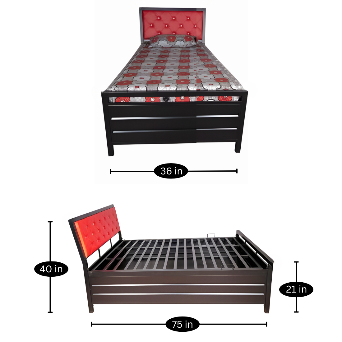 Heath Hydraulic Storage Single Metal Bed with Red Cushion Headrest (Color - Black)