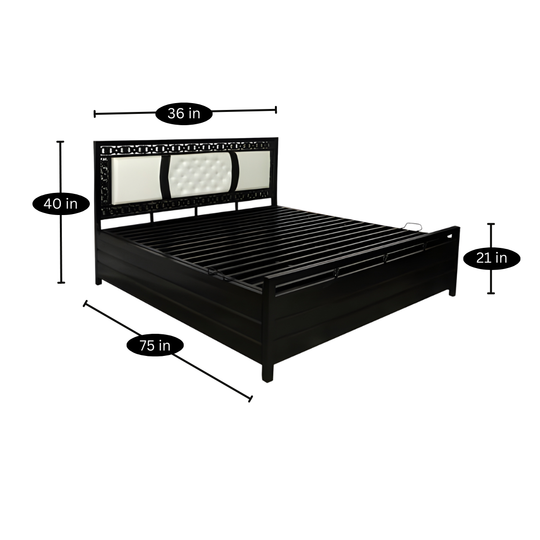 Bostan Hydraulic Storage Single Metal Bed with White Cushion Headrest (Color - Black)