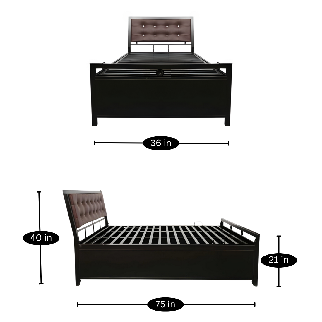 Heath Hydraulic Storage Single Metal Bed with Brown Cushion Headrest (Color - Black)