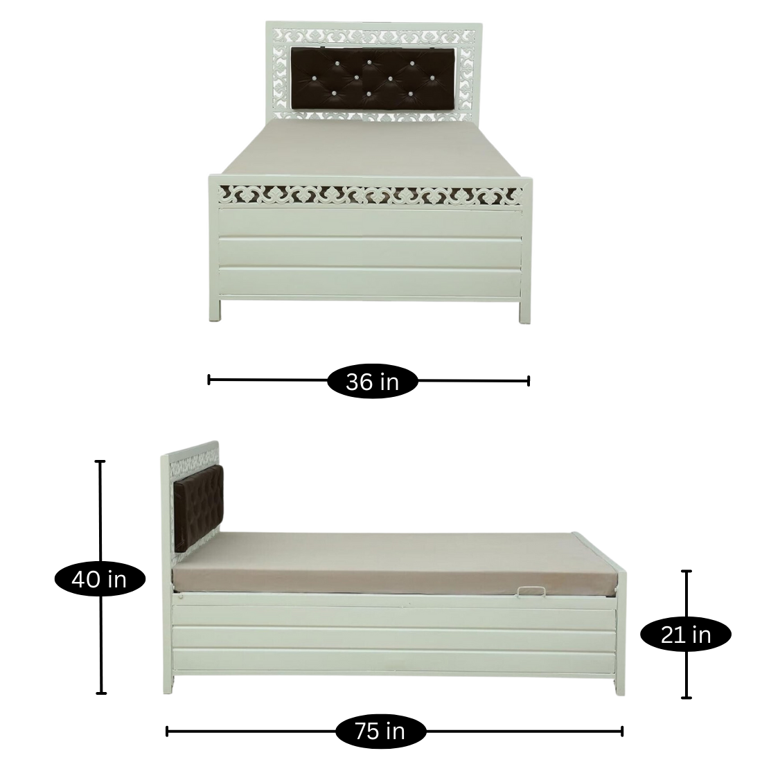 Cuba Hydraulic Storage Single Metal Bed with Brown Cushion Headrest (Color - White)