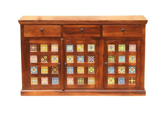 A antique log furniture solid Sheesham Wooden FULL TILE Sideboard Cabinet with 3 Drawers and 3 Shelves for Home Living Room Furniture | Kitchen Cabinet Storage Sheesham Wood,Honey Finish
