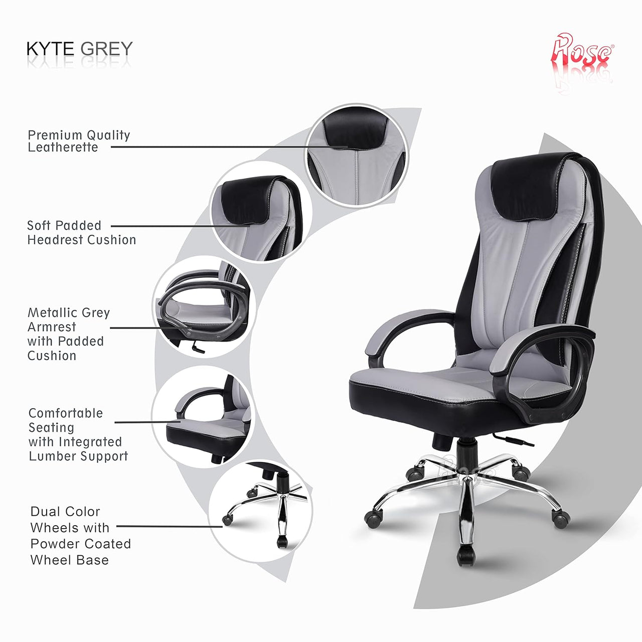 Kyte Leatherette Executive High Back Revolving Office Chair (Grey & Black)