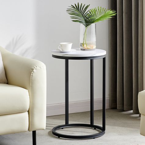 Round Set of 2 Nesting Table, Modern Side Table With Black Coated  and Marble Top (Black-White)