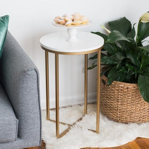 Modern X-Shaped Round Side Table with Marble Top